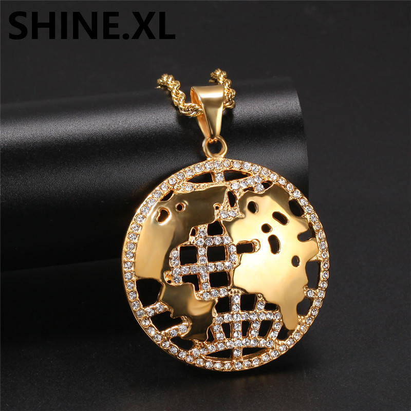 

18K Gold Color Plated Stainless Steel Earth Necklace ICED OUT Rhinestone with Cuban Chain Rope Chain
