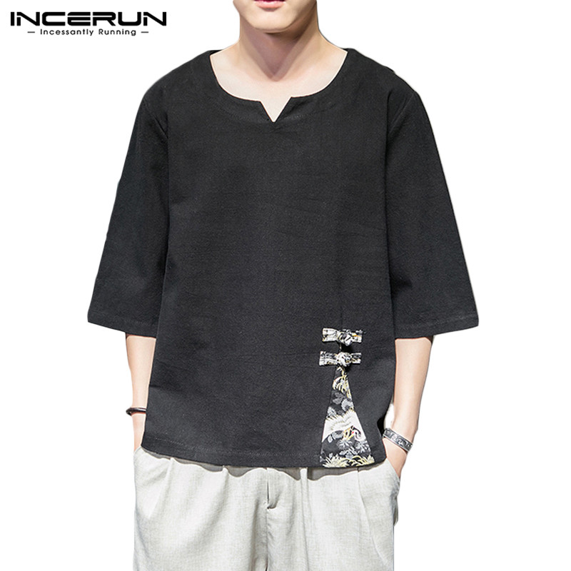 

2020 Summer Retro Shirt Men T Shirt Cotton Patchwork Half Sleeve V Neck Breathable Loose Casual Tee Tops Chinese Style T-shirts, Black