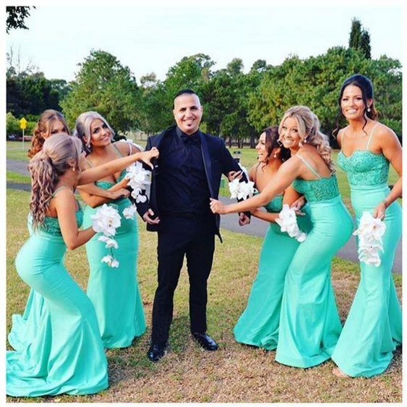 

2020 New Sexy Turquoise Bridesmaid Dresses For Weddings Spaghetti Straps Mermaid Floor Length Satin Plus Size Formal Maid of Honor Gowns
