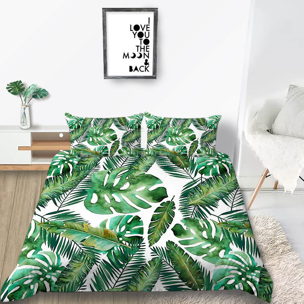 

Palm Leaf Bedding Set King Creative Fresh Simple 3D Duvet Cover Queen Twin Full Double Single Soft Fashion Bed Cover with Pillowcase, Silver