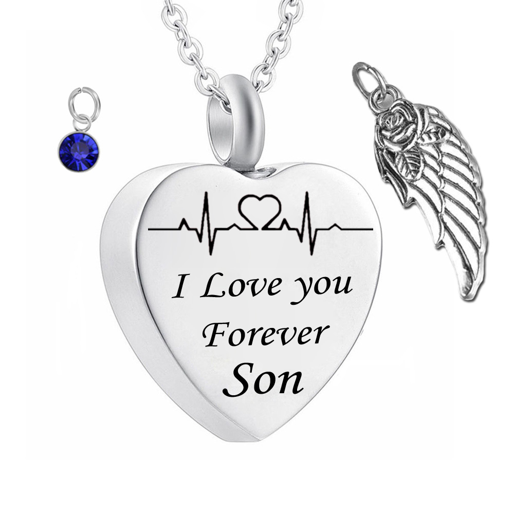 

' I love you Forever' Heart cremation Memorial ashes urn birthstone necklace jewelry Angel wings keepsake pendant for Son