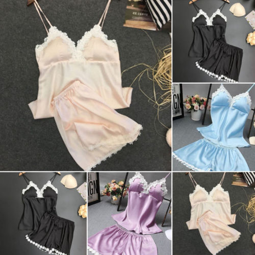 

Lady Clothing Babydoll Sleeveless Shirts Soft Lace Nightwear Shorts Pyjamas Set Women Satin Lace Pyjamas Set Sleepwear