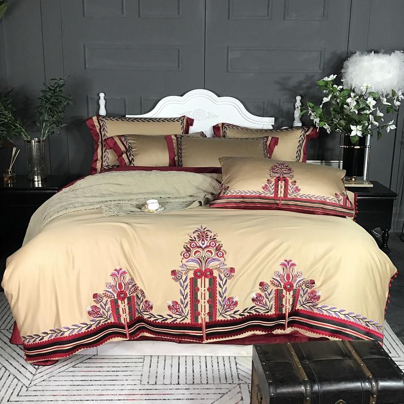 

34 4/7pcs Yellow Chinese Classic Red Embroidery 60S Egyptian Cotton Wedding Bedding Set Duvet Cover Bed sheet Pillowcases