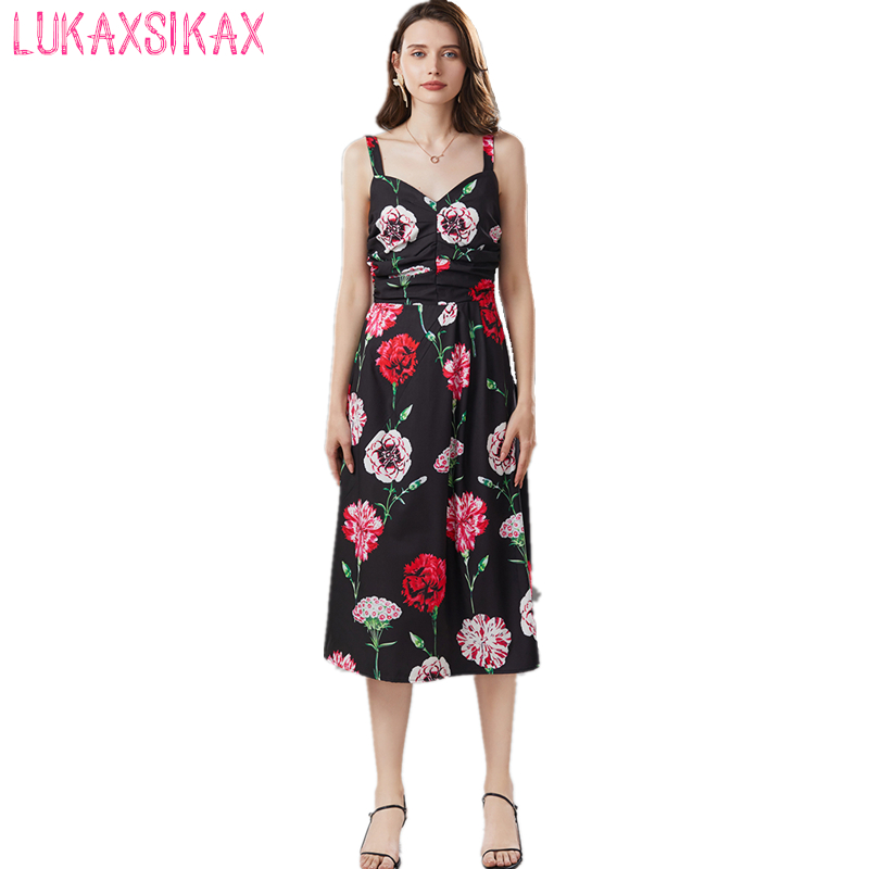 

2020 New Summer Women Dress High-end Custom Carnation Print Sexy V-Neck Spaghetti Strap Dress Elegant Vintage, Picture color