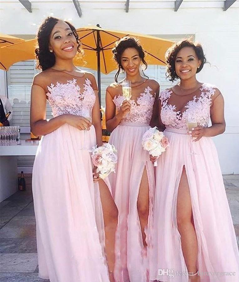 

2019 South Afraican Black Girls Long Pink Bridesmaid Dress A Line Jewel Neck Chiffon Formal Maid of Honor Gown Plus Size Custom Made