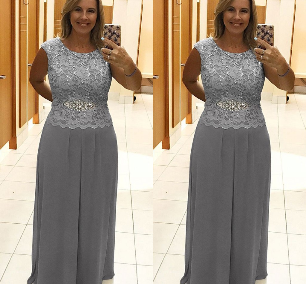 

2020 Grey Crystal Sashes Evening Groom Dresses For Wedding Lace Chiffon Cap Sleeve Mother Of The Bride Dress Women Special Occasion New