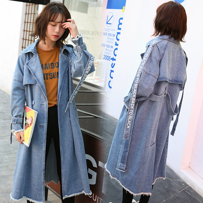 

2020 Spring Autumn Women Long Denim Trench Coat Turn down Collar Double Breasted Long Sleeve Coats Womens Windbreakers g390, Blue