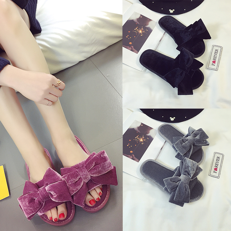 

big bow women fur slides sandals soft shoes woman 4 colors comfortable slipper fur flip flops flat heel home shoes size 41 y287, Purple