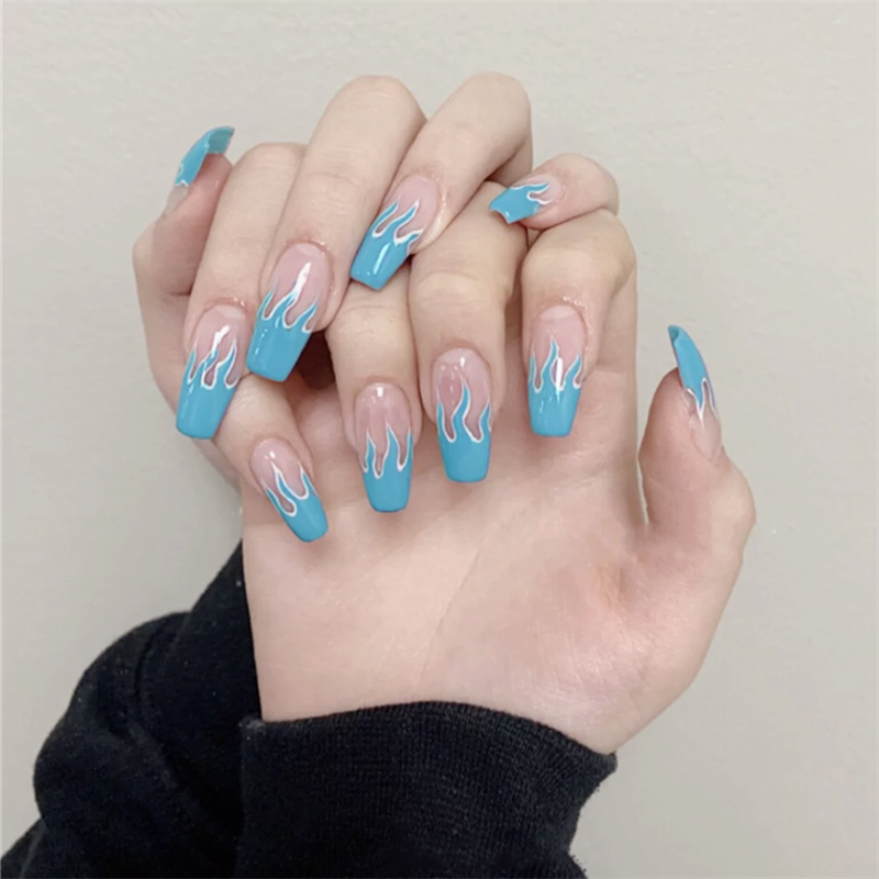 

2020 New European Square Flame Fake Nails Design Blue Purple Fire Pattern Full Cover False Nails Artificial Nail Decal Art Tips, 03(24pcs)