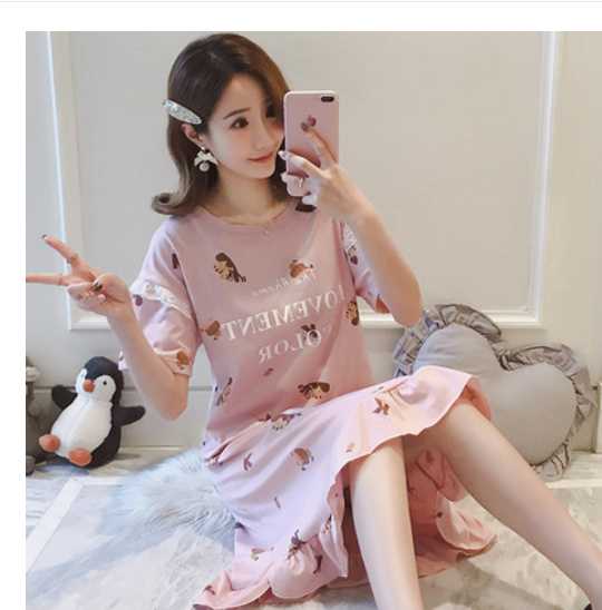 

Summer Short-sleeved Nightdress Female Korean Version Of The Cotton Xl Summer Casual Pajamas Loose Cute Dress Home Service Leisure Wear, N12