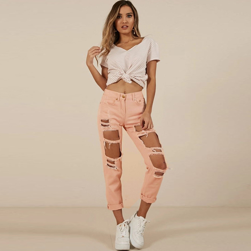 

Sexy Ripped Jeans Beggar Women Big Holes Destroy Broken Torn Pants Streetwear Female Denim Trousers Distressed Design Plus Size, Pink