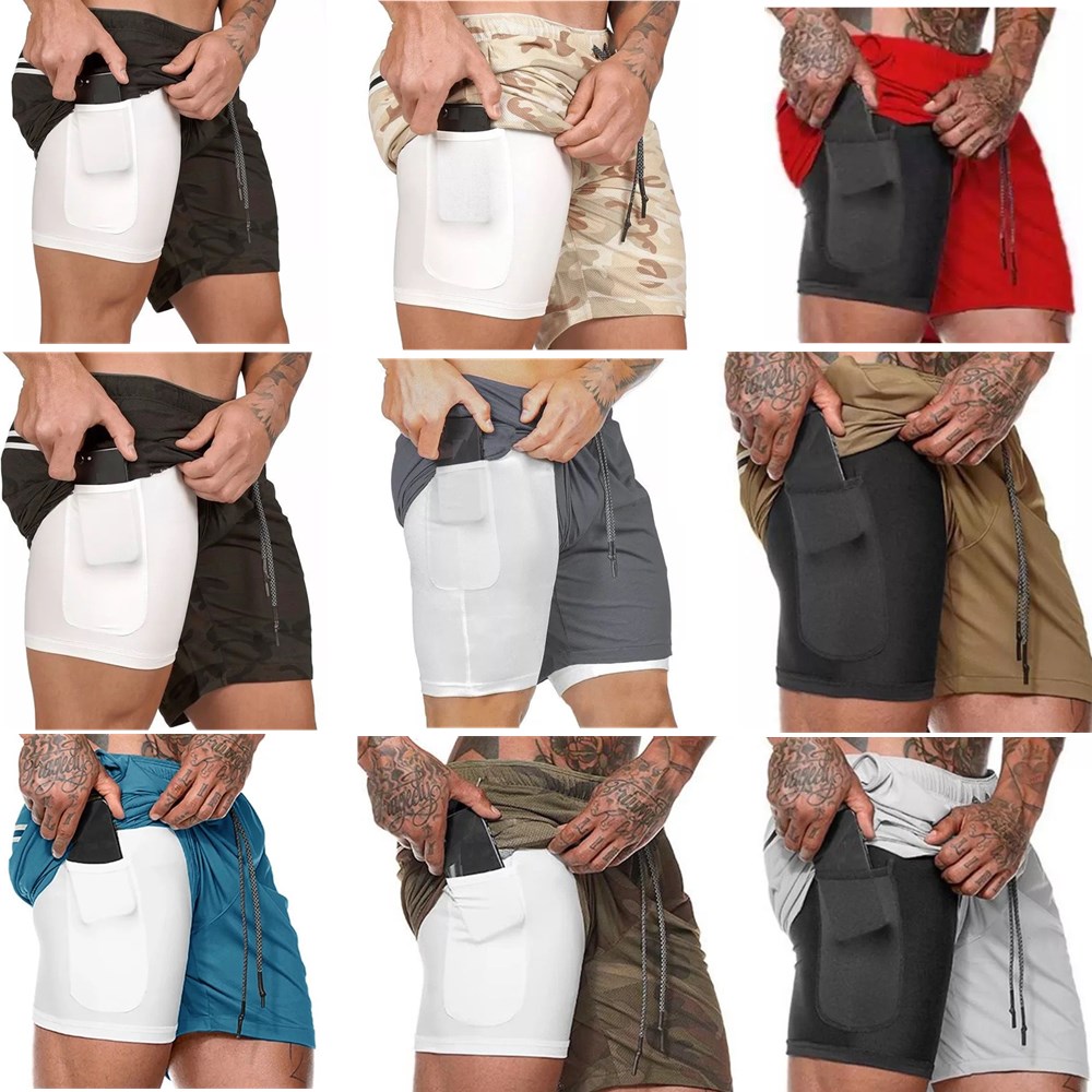 

New Sporting Beaching Shorts Men Sports Gym Compression Phone Pocket Wear Under Base Layer Short Pants Athletic Solid Tights Shorts Pants, As shown in illustration