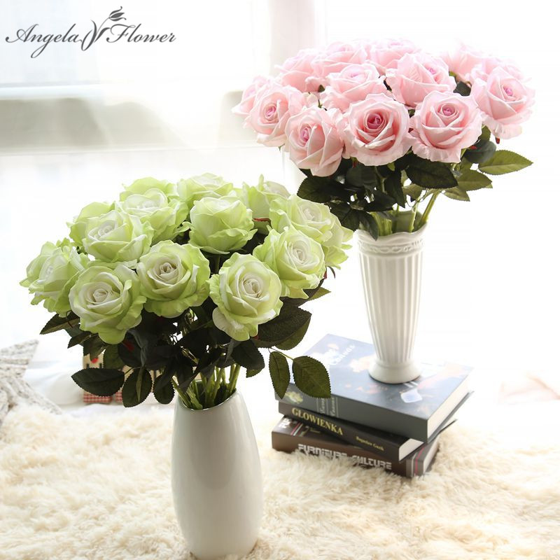 

Artificial Flowers Rose Branch Wedding Supplies Flannel Roses Simulation Plants Fake Flowers Decor For Home Party Crafts Gift, Green