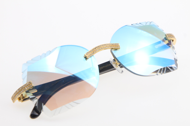 

High quality New fashion vintage Rimless White Inside Black Buffalo Horn Sunglasses Unisex High end Glasses Carved Trimming Lens