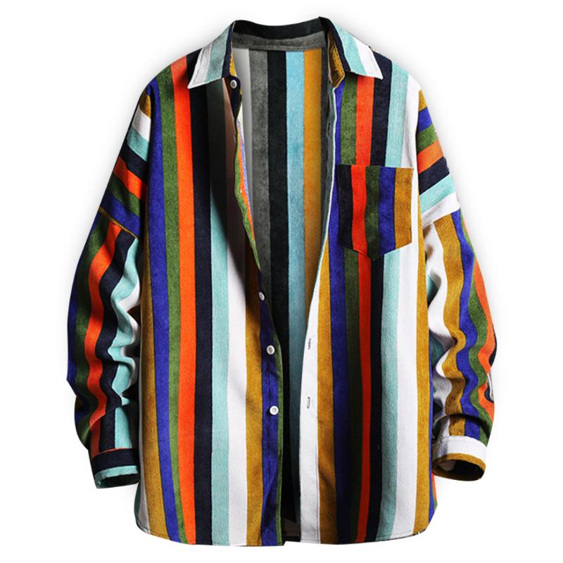 

Feitong streetwear shirts men striped printing long sleeve autumn harajuku loose korean shirts camisa masculina men, Blue