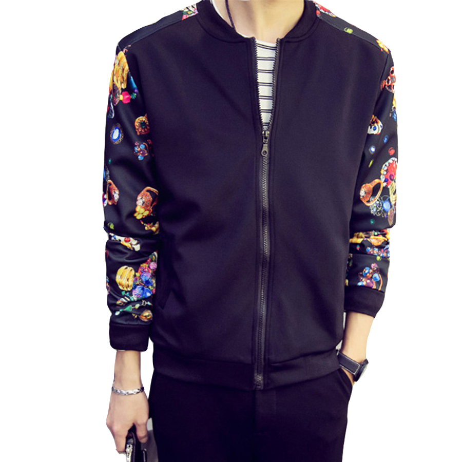 

Special Design Three Colors Thin Casual Wear Men Tops Floral Prints Male Jackets Zipper Rib Sleeve Slim Looking Large Size, White