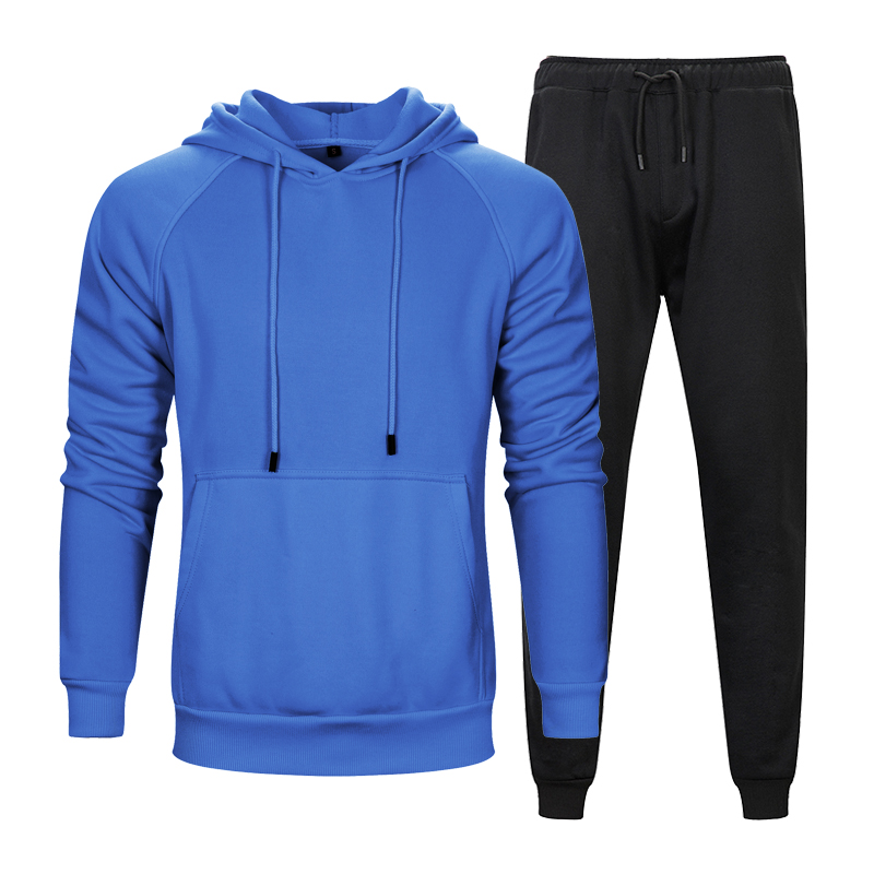

Solid Color Hoodies Suit for Fall/Winter Men' Kangaroo Pocket Hooded Sweatshirt With Solid Color Loose Casual Sports Trousers, Blue