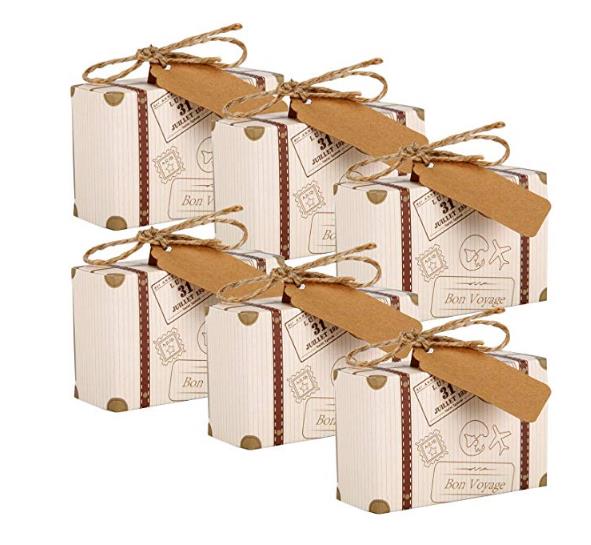 

Mini Suitcase Favor Box Candy Box Vintage Kraft Paper with Tags Burlap Twine for Wedding Travel Themed Party Bridal Shower Decor