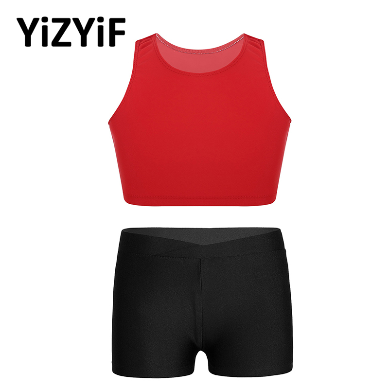 

Kids Girls Sportswear Outfit Solid Color Workout Gym Fitness Activewear Set Sleeveless Crop Top Tanks Top With Shorts Bottoms, White