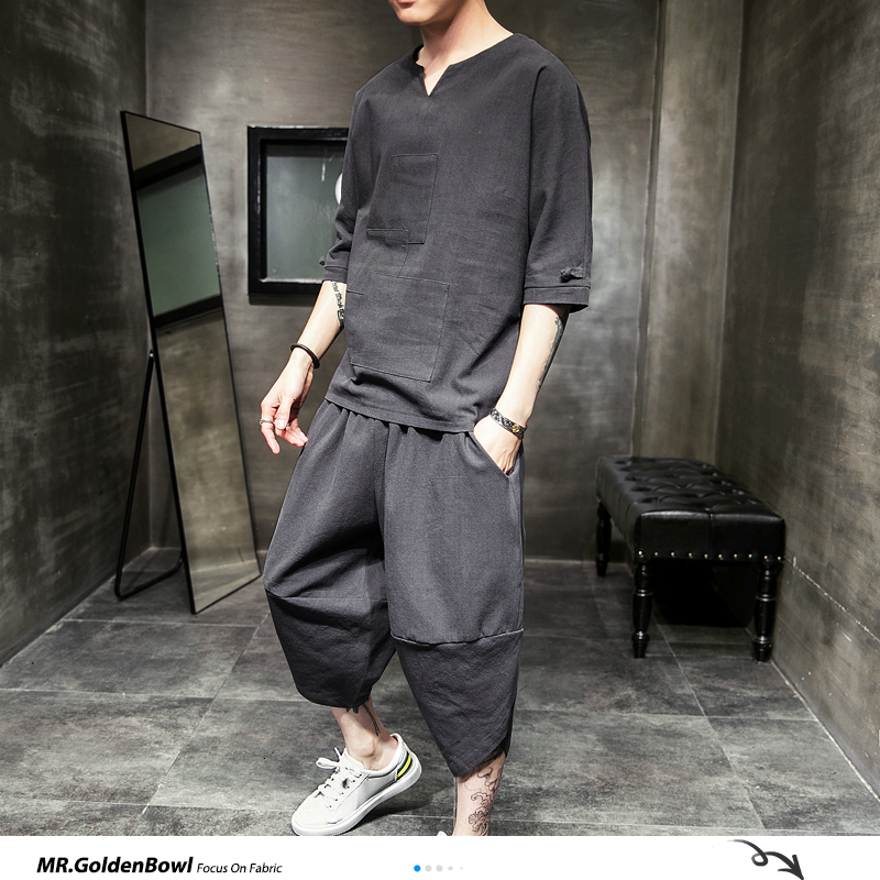 

MrGoldenBowl Store Cotton Linen Solid Summer Tracksuit Men 2020 Mens Loose Pant Suit Sets Male Fashion Casual Chinese Style 5XL, Black(asiansize)