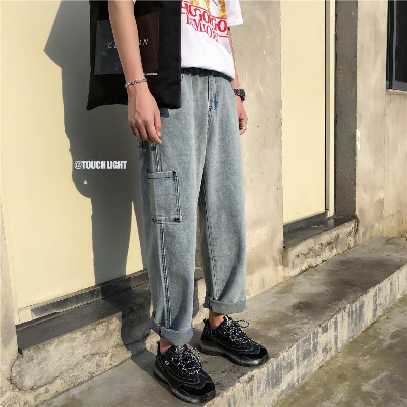 

Japanese autumn thin ins overalls Korean ankle-length pants loose fashion brand jeans fashion straight pants men, Medium blue
