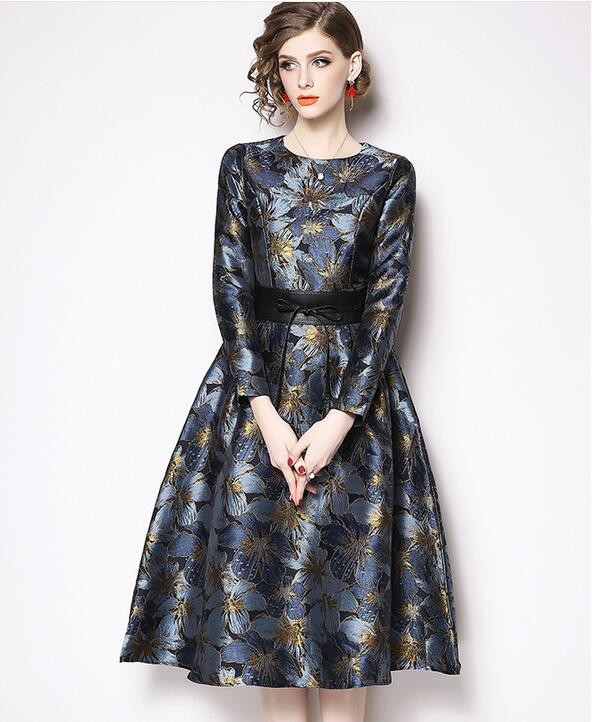 

Crew neck long sleeve heavy work jacquard pleated waist A-line dress women lace dresses A-line street style dresses knee-length, Navy blue