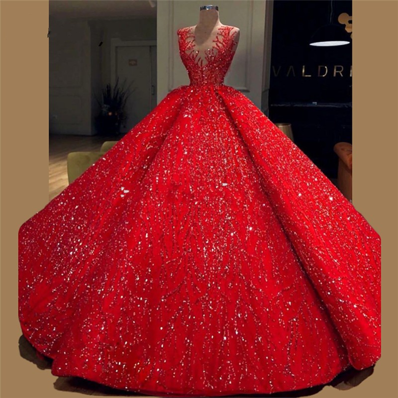 

Puffy Sequined Ball Gown Evening Dresses With V-neck Saudi Arabic Long Quinceanera Dress Sequined Appliques Robe De Soiree, Water melon