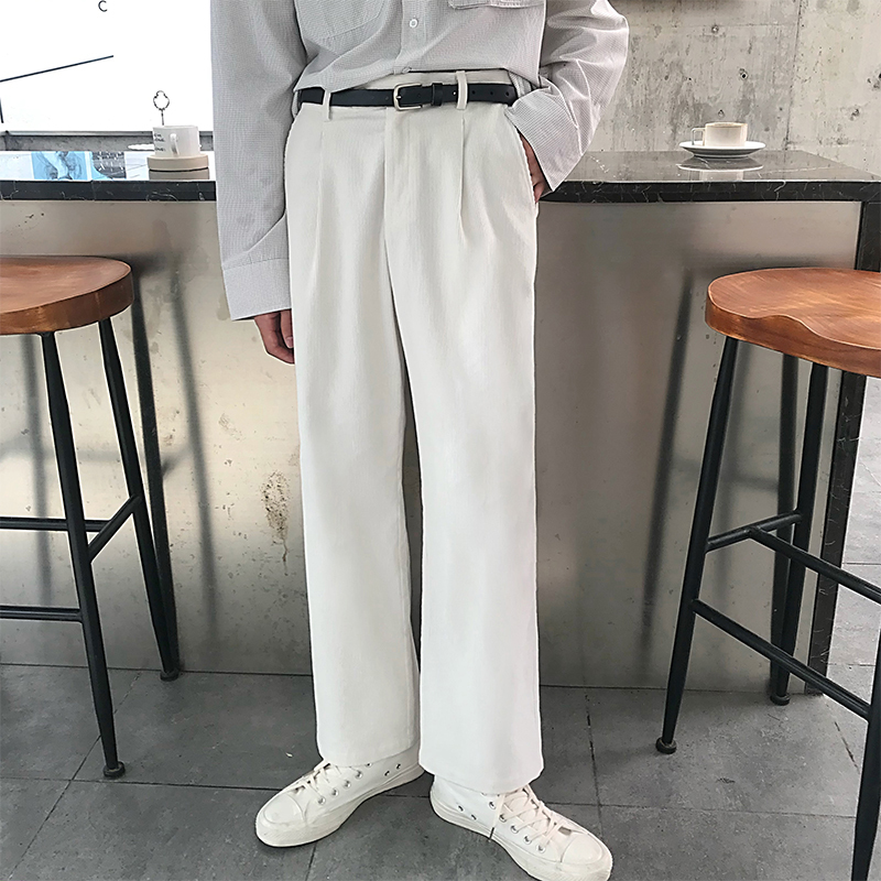 

White Corduroy Pants Men's Fashion Cotton Straight Casual Pants Streetwear Wild Loose Hip Hop Trousers Mens Business Dress