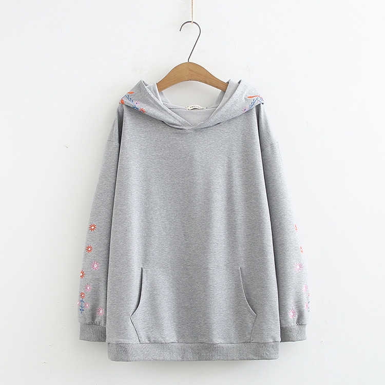 

Plus Size -3XL Grey Floral Embroidery Hoodies Long Sleeve Pullover Oversized Women Outwear