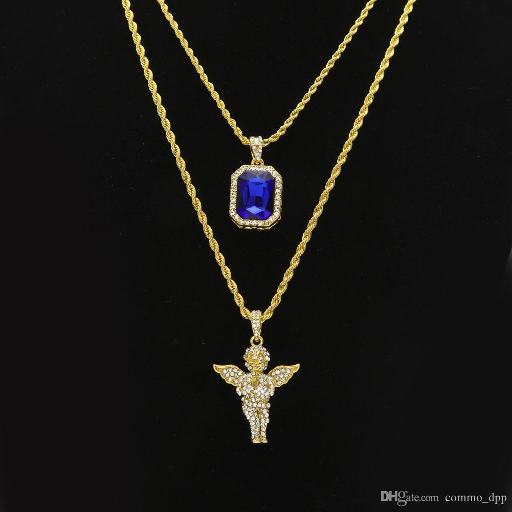 

Mens Hip Hop Jewelry Sets Mini Square Ruby Sapphire Full Crystal Diamond Angel Wings Pendant Gold Chain Necklaces For Male Hiphop Jewelry