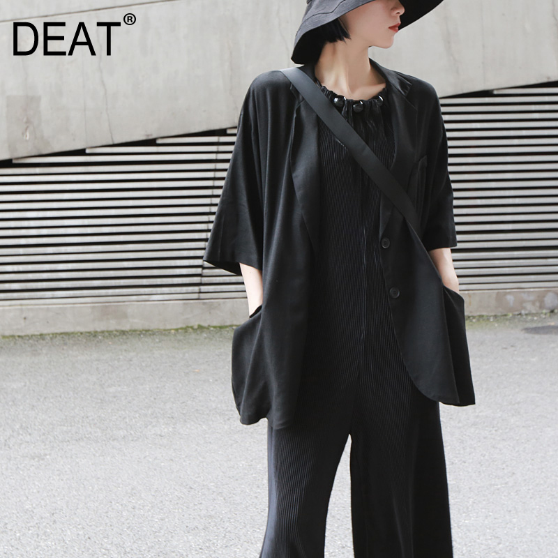 

DEAT] 2019 New Spring Summer Turn Down Collar Half Sleeve Pockets Thin Brief Temperament Jacket Women Coat Fashion Tide JX40, Black