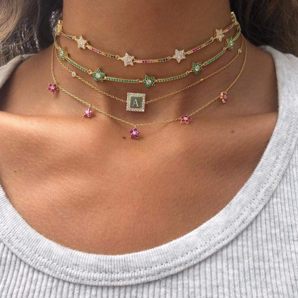 

2019 New fashion rainbow color cute star cz bar link chain choker necklaces for women geometric charm delicate Christmas gift, Silver