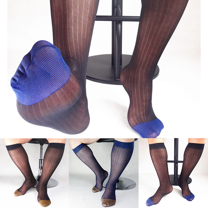 

1 Pair Fashion Men's Wide Striped Toe Sheer Dress Socks High Thin Breathable Socks Sexy Softy For Men New, Blue