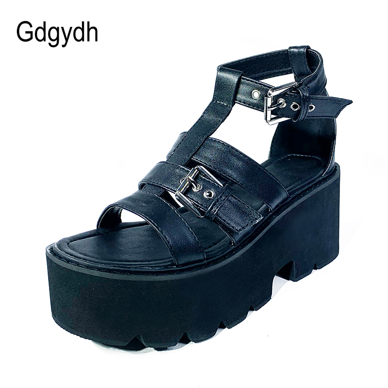 

Gdgydh T-strap Block Heel Platform Sandals Women 2020 New Summer Shoes Female Black Heels With Ankle Strap Punk Rock Drop Ship