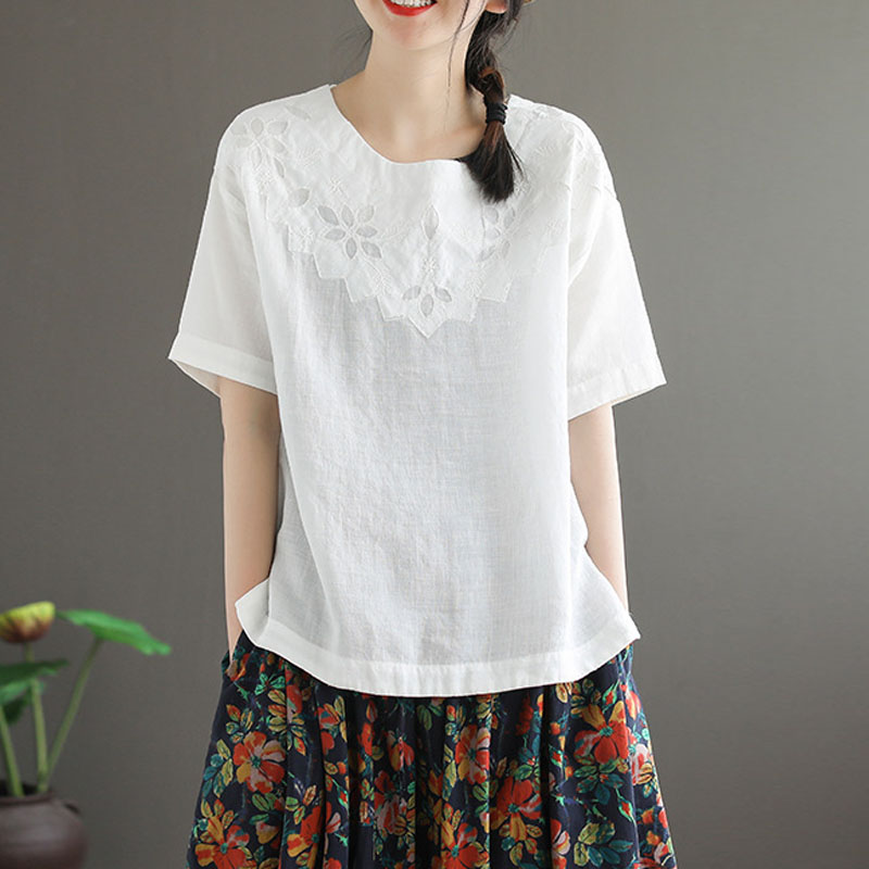 

Johnature Summer New Retro Embroidery O-neck Short Sleeve Cotton Linen T-shirt 2020 Simple Comfortable All-match Women Tops, Orange