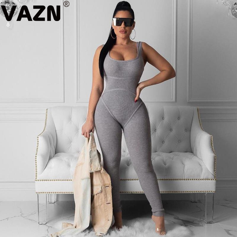 

VAZN High street 2020 summer sexy lady 4 solid skinny long jumpsuit sleeve O-neck full sleeve jumpsuit young women chic, Black
