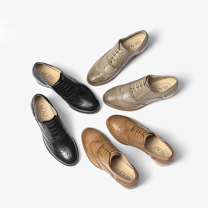 

Oxfords Women Pumps Top Genuine Leather Sheepskin Wingtip Round Toe Lace-up Brogues Shoes Handmade
