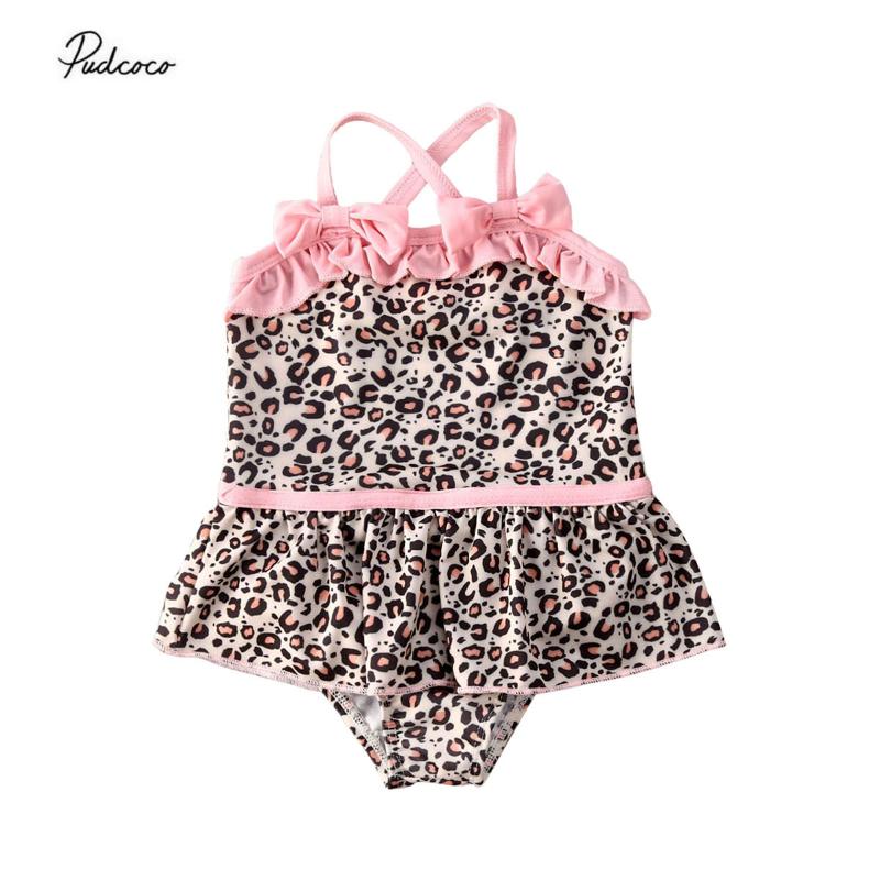 

2020 Summer Swimsuit 1-5T Infant Kids Baby Girls One Piece Swimsuit Leopard Ruffled Bowknot Swimwear Ruffled Bathing Suit, As pic