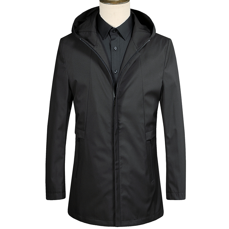 

Men Trench Windbreaker Mens Hooded Long Solid Jacket Coat Spring Autumn Male Quality Business Casual Clothes 2020, Black