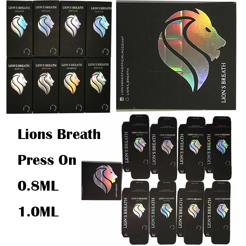 

Newest 1ml 0.8ml Lions Breath Carts Vape Cartridges Empty Ceramic Coil 510 Atomizers with Round Press In Cartridge Ecig Vaporizers Packaging