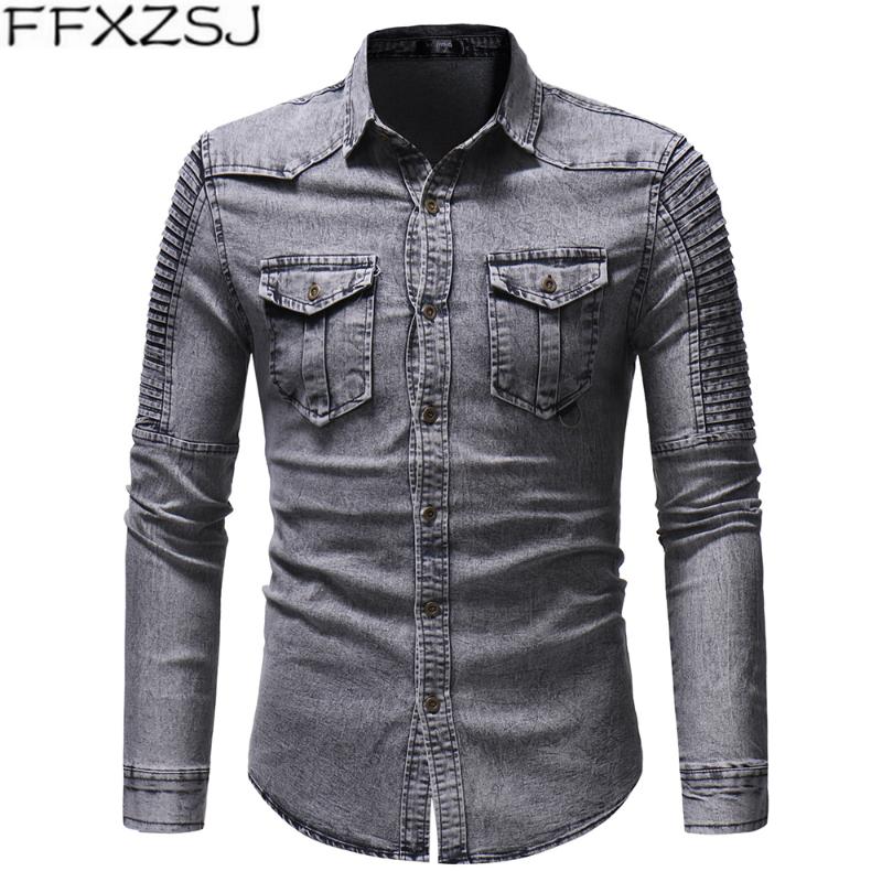 

FFXZSJ Brand Men's wear new pleated patchwork sleeves denim shirt long sleeve denim jacket for men Casual Turn-down Collar, Blue
