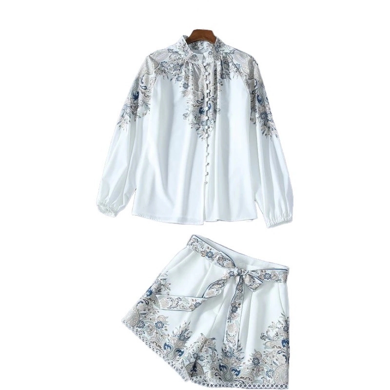 

ZIM spring latest temperament printing long-sleeved stand-collar shirt + shorts set, Customize