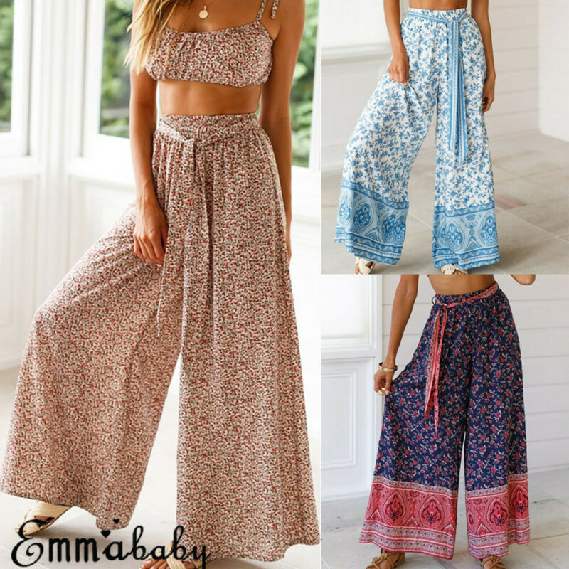

2020 New Fashion Womens Trousers Elegent Ladies Boho Wide Leg Palazzo Pants Ladies Summer Holiday Beach Casual Women Trousers, Blue