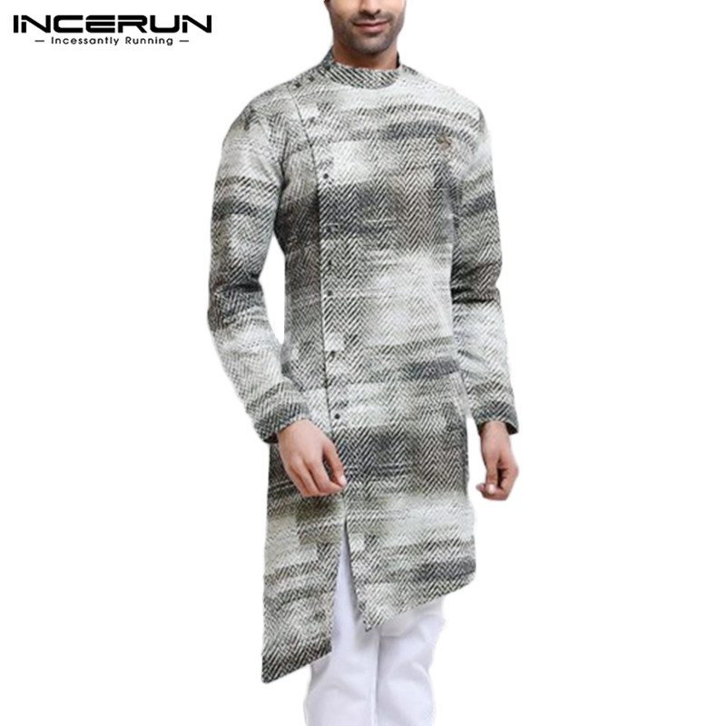 

INCERUN Men Shirt Clothes Vintage Printed Long Sleeve Streetwear Kurtas 2020 Button Muslim Mens Irregular Long Shirts, Gray
