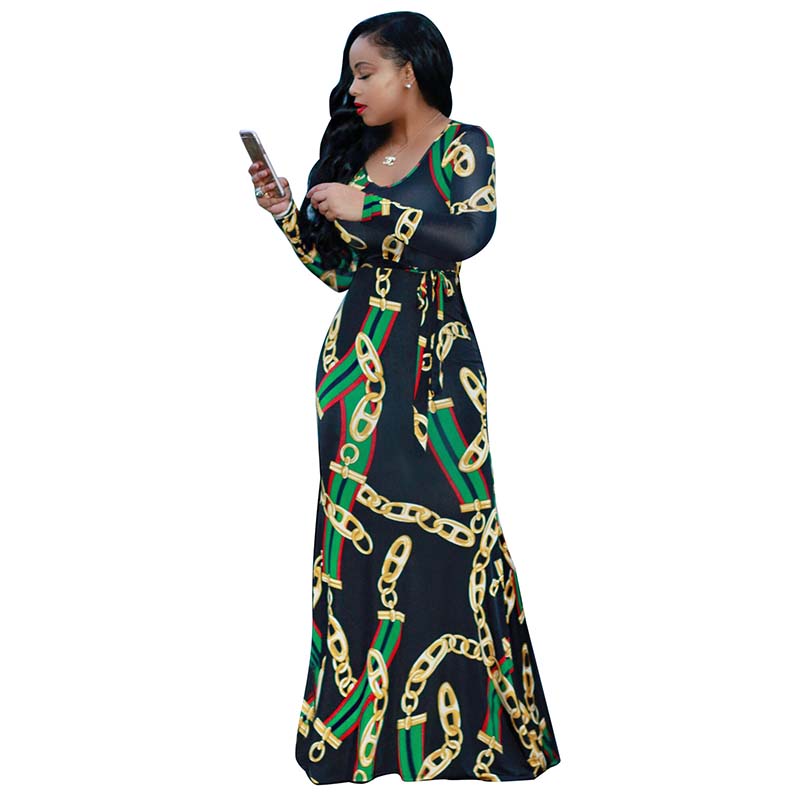 

Africa Clothing Trendy Gold Chain Printed Long Sleeve Belted Maxi Dress Women Autumn Bodycon Robe Long Party Plus Size S-XXXL