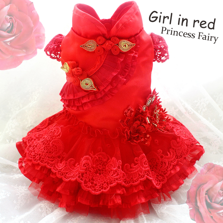 

Free shipping handmade Amazing red dog dresses golden frog lace layer after layer bouffant yarn pet clothes evening gown luxurio