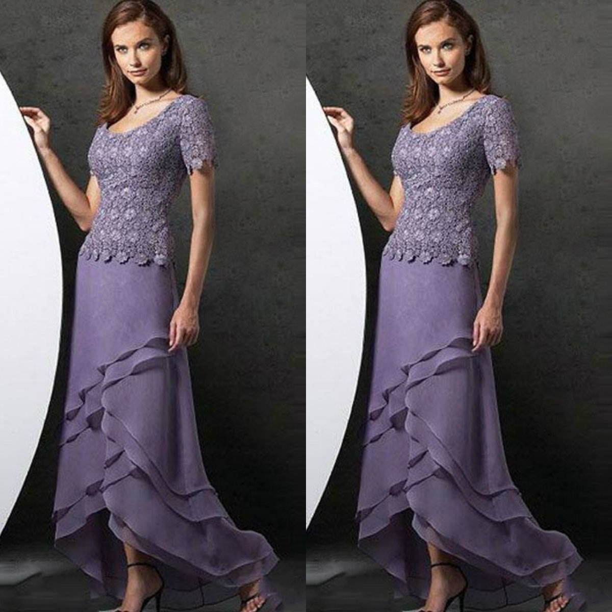 

Lavender Mother of the Bride Dresses High Low Scoop Neck Wedding Guest Gowns Custom Made Short Sleeves A Line Plus Size Formal Dress