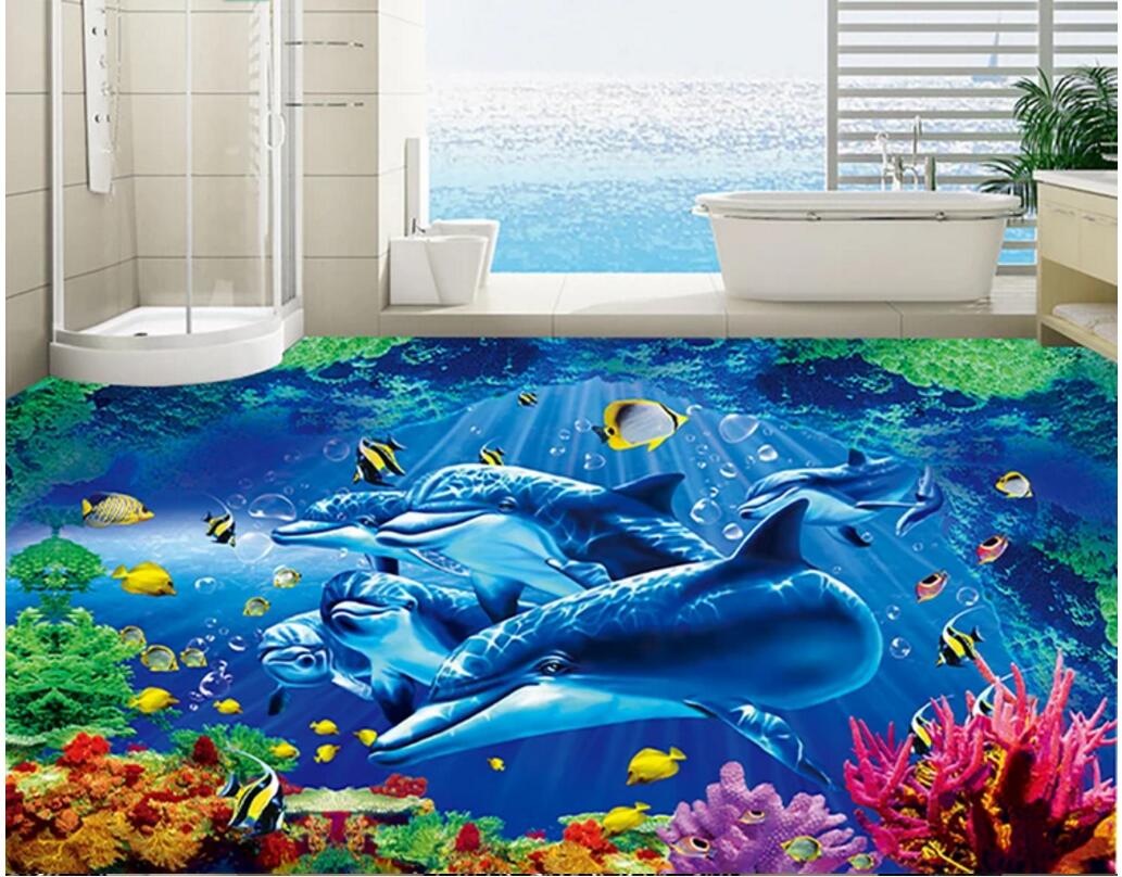 

3d pvc flooring custom photo Waterproof Self-adhesive floor HD Ocean World Dolphin Coral home decor living room wallpaper for walls 3 d, Customize