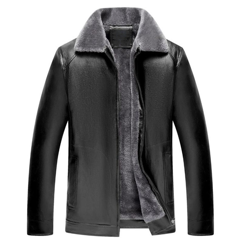 

Winter plus velvet men's leather jacket warm business casual jacket leather solid color lapel, Black