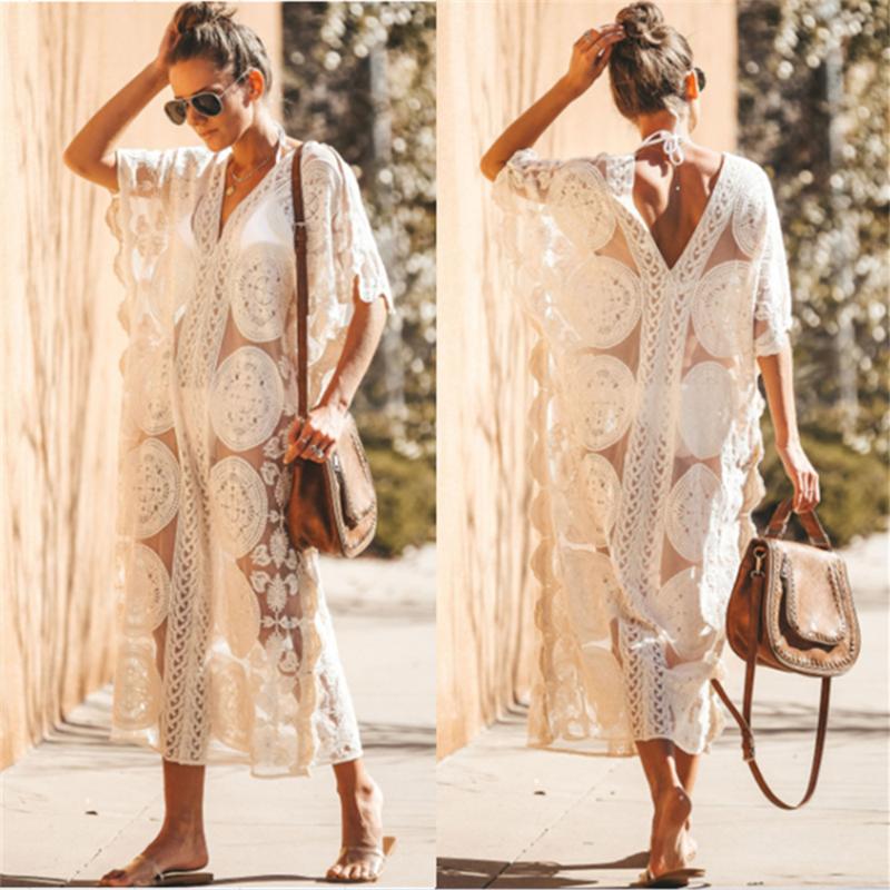 

Oversize Embroidery Mesh Bikini Cover-Ups Women Boho Kaftan See Through Deep V-Neck Loose Summer Beach Dress Pareo Sarong Beachw